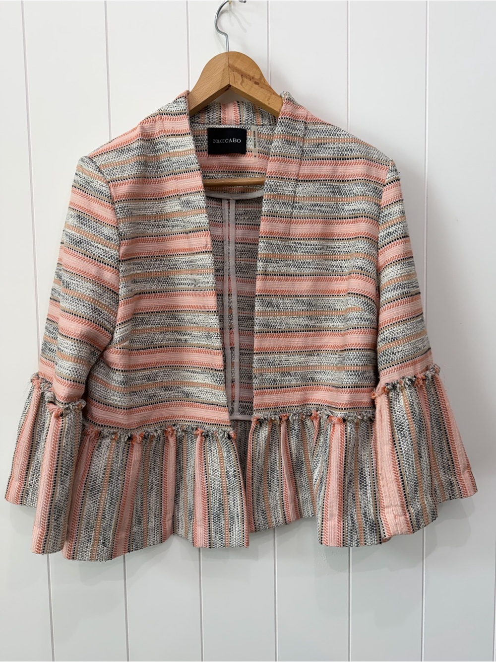 Dolce Cabo Women's  Open Front Peplum Blazer Coral Striped Tweed Jacket Medium